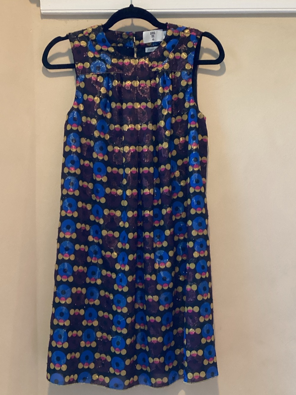 Anna Sui women’s Black Dress with Blue, Gold and Pink Dot Pattern